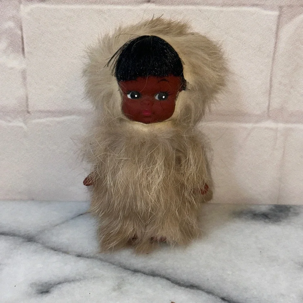 Vintage Inuit Eskimo Doll Fur Parka Hand Painted Face Brown Cultural Folk Art